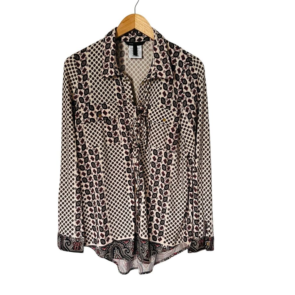 BcbgMaxazria Printed Lace Up Long Sleeve Top Size L Large Multicolor